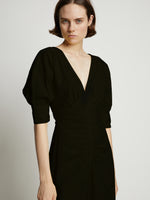 Detail image of model wearing Poplin V-Neck Puff Sleeve Dress in black