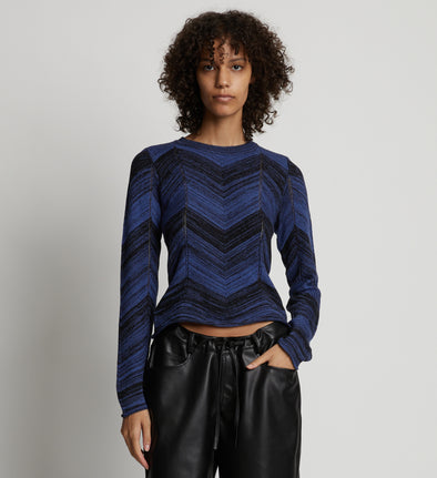 Cropped front image of model wearing Marled Stripe Knit Sweater in cerulean/black