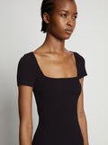 Detail image of model wearing Rib Knit Short Sleeve Dress in black