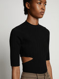 Detail image of model wearing Rib Knit Cut Out Sweater in black