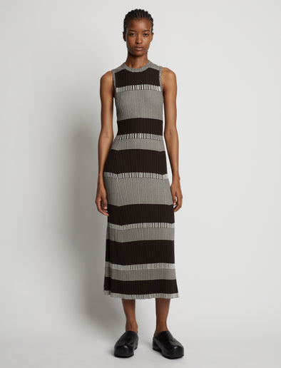 Front image of model wearing Mini Stripe Sleeveless Knit Dress in dark brown/off white