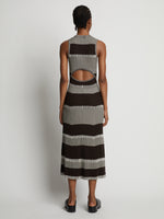 Back image of model wearing Mini Stripe Sleeveless Knit Dress in dark brown/off white