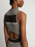 Detail image of model wearing Mini Stripe Sleeveless Knit Dress in dark brown/off white