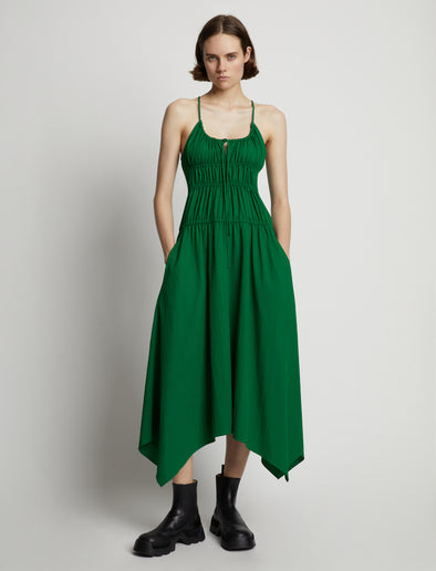 Front image of model wearing Drapey Suiting Ruched Dress in green