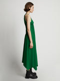 Side image of model wearing Drapey Suiting Ruched Dress in green