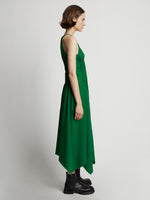 Side image of model wearing Drapey Suiting Ruched Dress in green