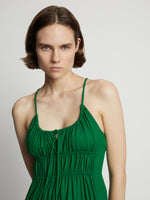 Detail image of model wearing Drapey Suiting Ruched Dress in green