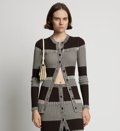 Cropped front image of model wearing Mini Stripe Cardigan in dark brown/off white