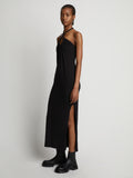 Side image of model wearing Halter Knit Jersey Dress in black