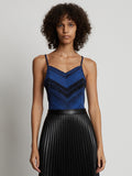 Cropped front image of model wearing  Marled Stripe Body Suit in cerulean/black