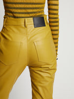 Detail image of model wearing Leather Straight Pant in sulphur