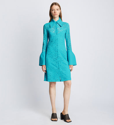 Front image of model wearing Stretch Lace Shirt Dress in cyan