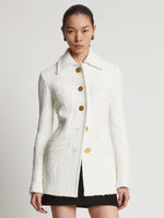 Cropped front image of model in Boucle Tweed Jacket in Off White