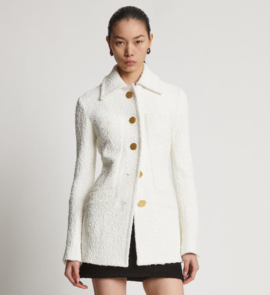 Cropped front image of model in Boucle Tweed Jacket in Off White