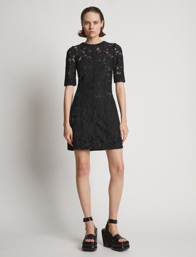 Front image of model wearing Lace Dress in black