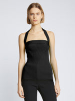 Cropped front image of model wearing Viscose Knit Halter Top in black