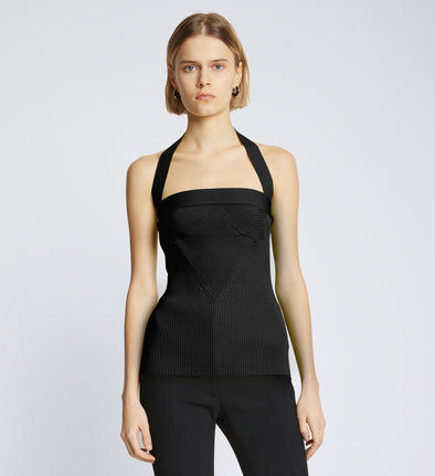 Cropped front image of model wearing Viscose Knit Halter Top in black