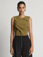 Cropped front image of model wearing Matte Viscose Crepe Spiral Top in fatigue