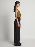 Side image of model wearing Matte Viscose Crepe Spiral Top in fatigue