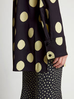 Detail image of model wearing Printed Dot Cady Shirt in butter multi