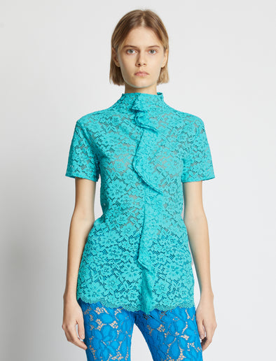 Cropped front image of model wearing Stretch Lace Top in cyan