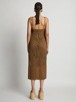 Back image of model wearing Lacquered Knit Dress in tobacco