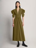 Front Image of model wearing Matte Viscose Crepe Dress in fatigue