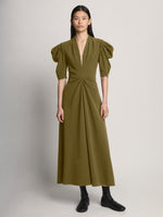 Front Image of model wearing Matte Viscose Crepe Dress in fatigue