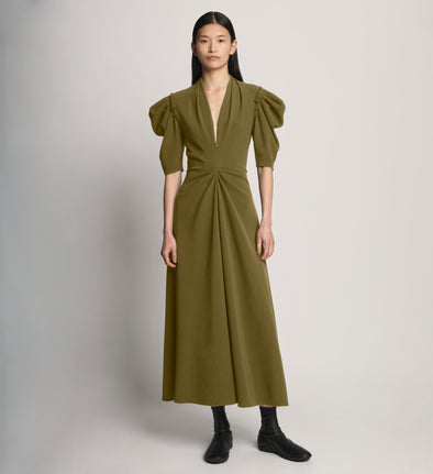 Front Image of model wearing Matte Viscose Crepe Dress in fatigue