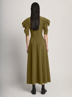 Back image of model wearing Matte Viscose Crepe Dress in fatigue