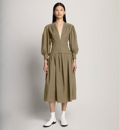 Front image of model wearing Poplin V-Neck Dress in mushroom