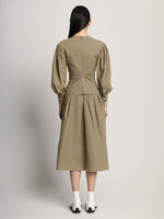 Back image of model wearing Poplin V-Neck Dress in mushroom