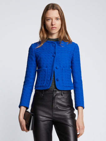 Front cropped image of model wearing Tweed Cropped Jacket in ROYAL BLUE