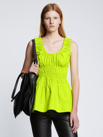 Front cropped image of model wearing Poplin Gathered Tank Top in GREEN APPLE