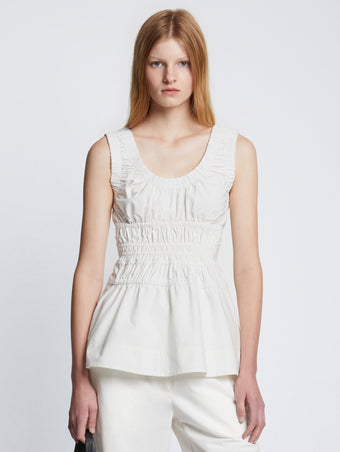 Front cropped image of model wearing Poplin Gathered Tank Top in OFF WHITE