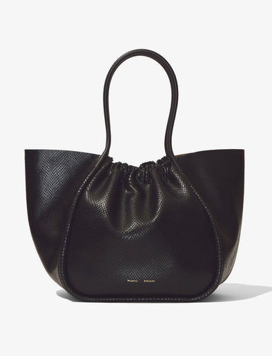 Front image of Carved Python XL Ruched Tote in BLACK