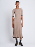 Front full length image of model wearing Silk Cashmere Rib Knit Dress in TAUPE