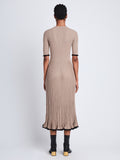 Back full length image of model wearing Silk Cashmere Rib Knit Dress in TAUPE