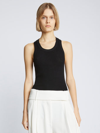 Front cropped image of model wearing Matte Viscose Rib Knit Tank in BLACK