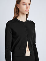 Detail image of model wearing Silk Viscose Cardigan in BLACK