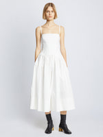 Front full length image of model wearing Eco Poplin Pintuck Dress in WHITE