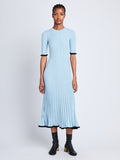 Front full length image of model wearing Silk Cashmere Rib Knit Dress in LIGHT BLUE