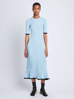 Front full length image of model wearing Silk Cashmere Rib Knit Dress in LIGHT BLUE