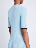 Detail image of model wearing Silk Cashmere Rib Knit Dress in LIGHT BLUE