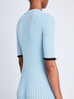 Detail image of model wearing Silk Cashmere Rib Knit Dress in LIGHT BLUE