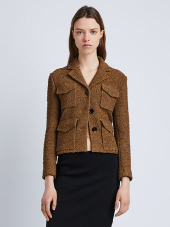 Front cropped image of model wearing Bi-Stretch Tweed Jacket in FLAX