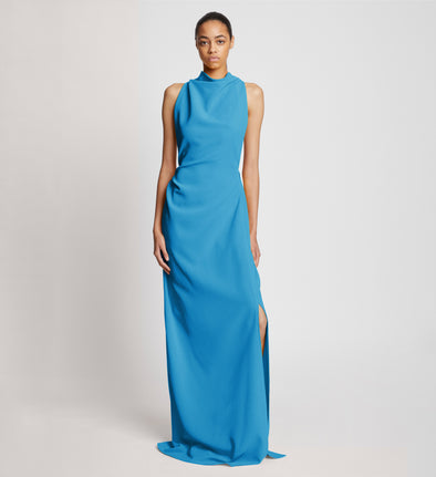 Front image of model wearing Matte Viscose Crepe Backless Dress in turquoise