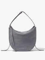 Front image of Baxter Suede Bag in STEEL with straps splayed