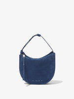 Front image of Medium Baxter Suede Bag in SLATE BLUE with handle tightened