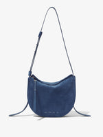 Front image of Medium Baxter Suede Bag in SLATE BLUE with straps splayed